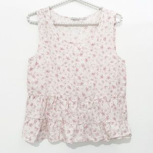 Shabby Chic Linen Pink Floral Ruffle Tank S